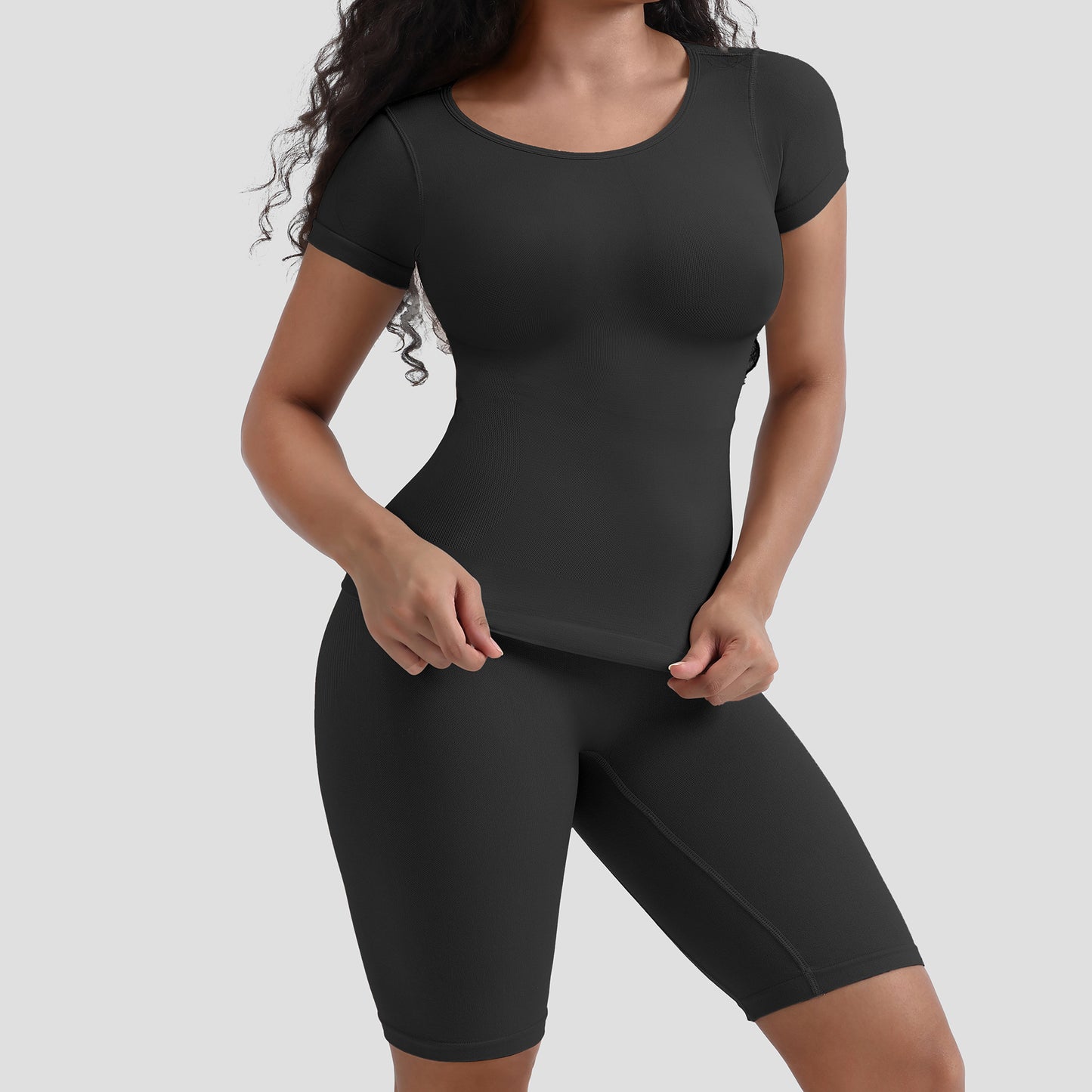 Round Neck Short Sleeve Shapewear and Tummy Control Pants Set
