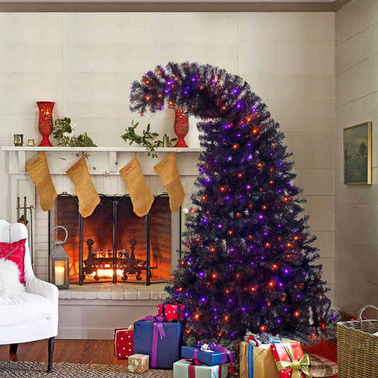 6FT artificial fir curved top christmas tree, with 1080 lush branch tips and 300 LED lights in a Christmas