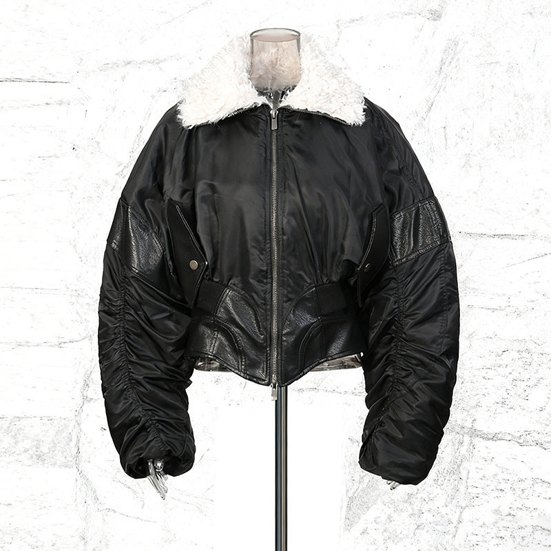 Wrinkled cuffs waist cinching short jacket women's jacket