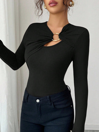 Asymmetric Hollow-out Metal Decorated Slim Fit Women's Autumn Top "Limited Edition"