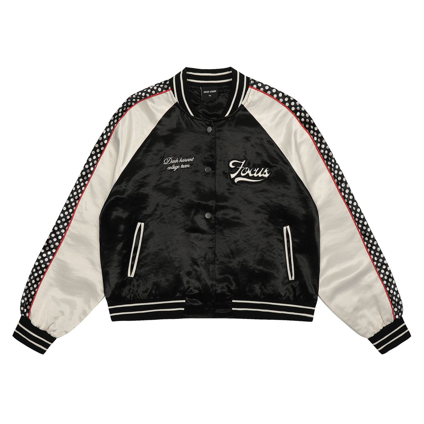 Embroidered satin contrasting patchwork baseball jersey with letters "Limited pieces"