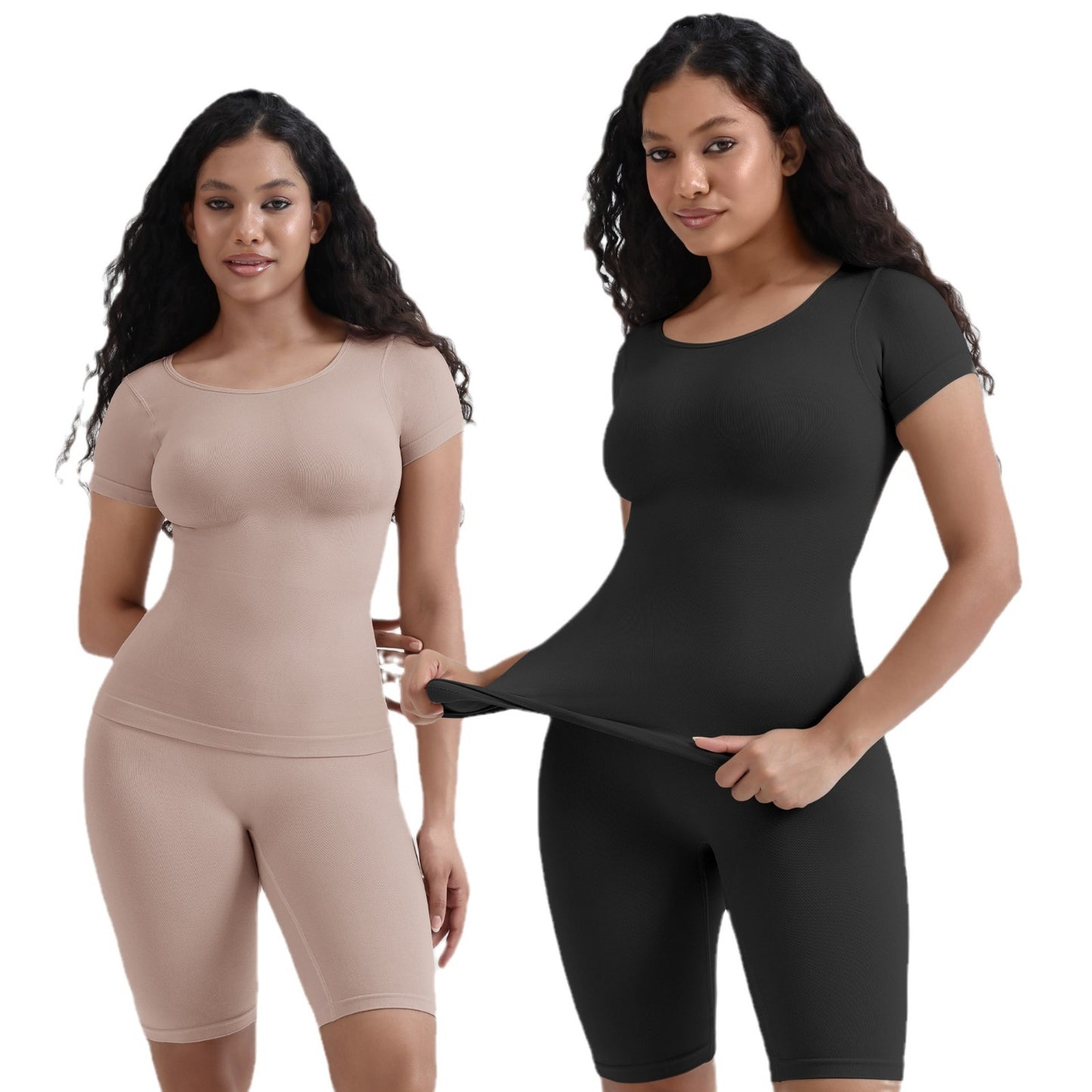 Round Neck Short Sleeve Shapewear and Tummy Control Pants Set