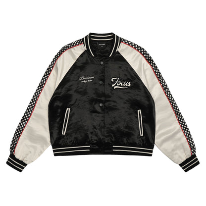 Embroidered satin contrasting patchwork baseball jersey with letters "Limited pieces"