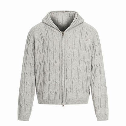 Retro High-End Knit Cardigan Solid Color Old Money Style Trendy Men's Short Wide Hooded Sweater