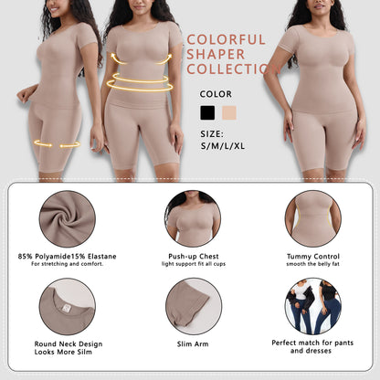 Round Neck Short Sleeve Shapewear and Tummy Control Pants Set