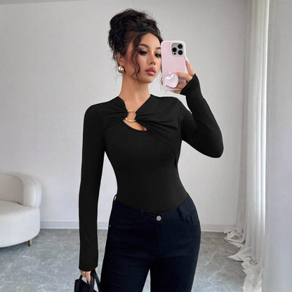 Asymmetric Hollow-out Metal Decorated Slim Fit Women's Autumn Top "Limited Edition"