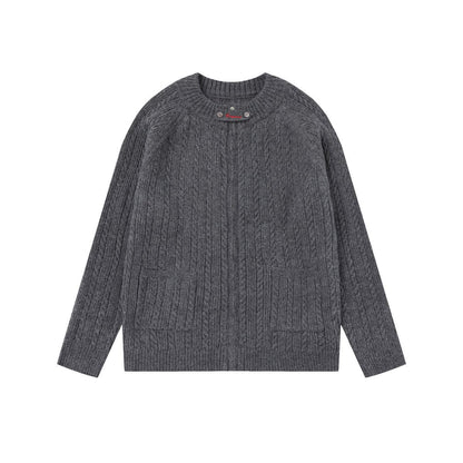 Retro Solid Color Minimalist Cardigan Sweater, Old Money Style Design, Trendy Men's Loose Round Neck Knitwear "Limited Edition"