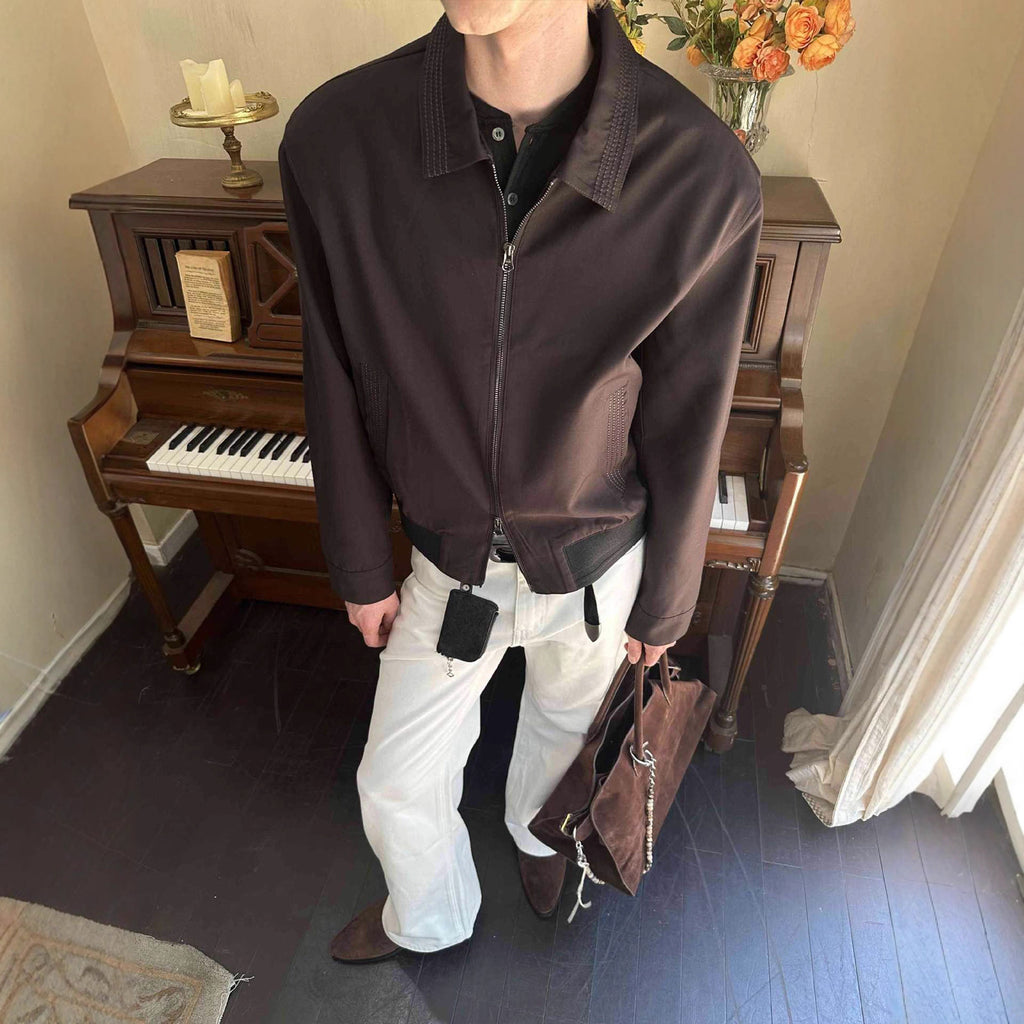 Cleanfit Zipper Casual Jacket with Herringbone Old Money Style Blended Fabric