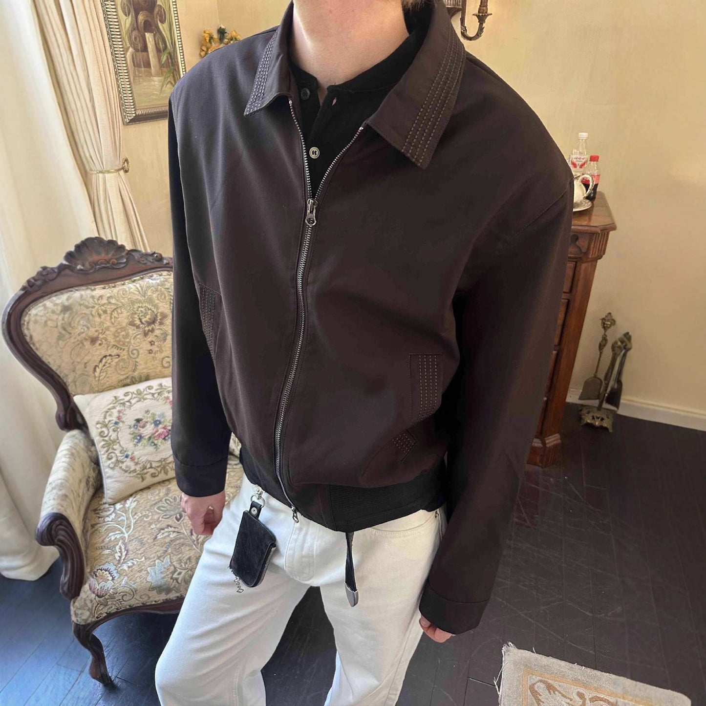 Cleanfit Zipper Casual Jacket with Herringbone Old Money Style Blended Fabric