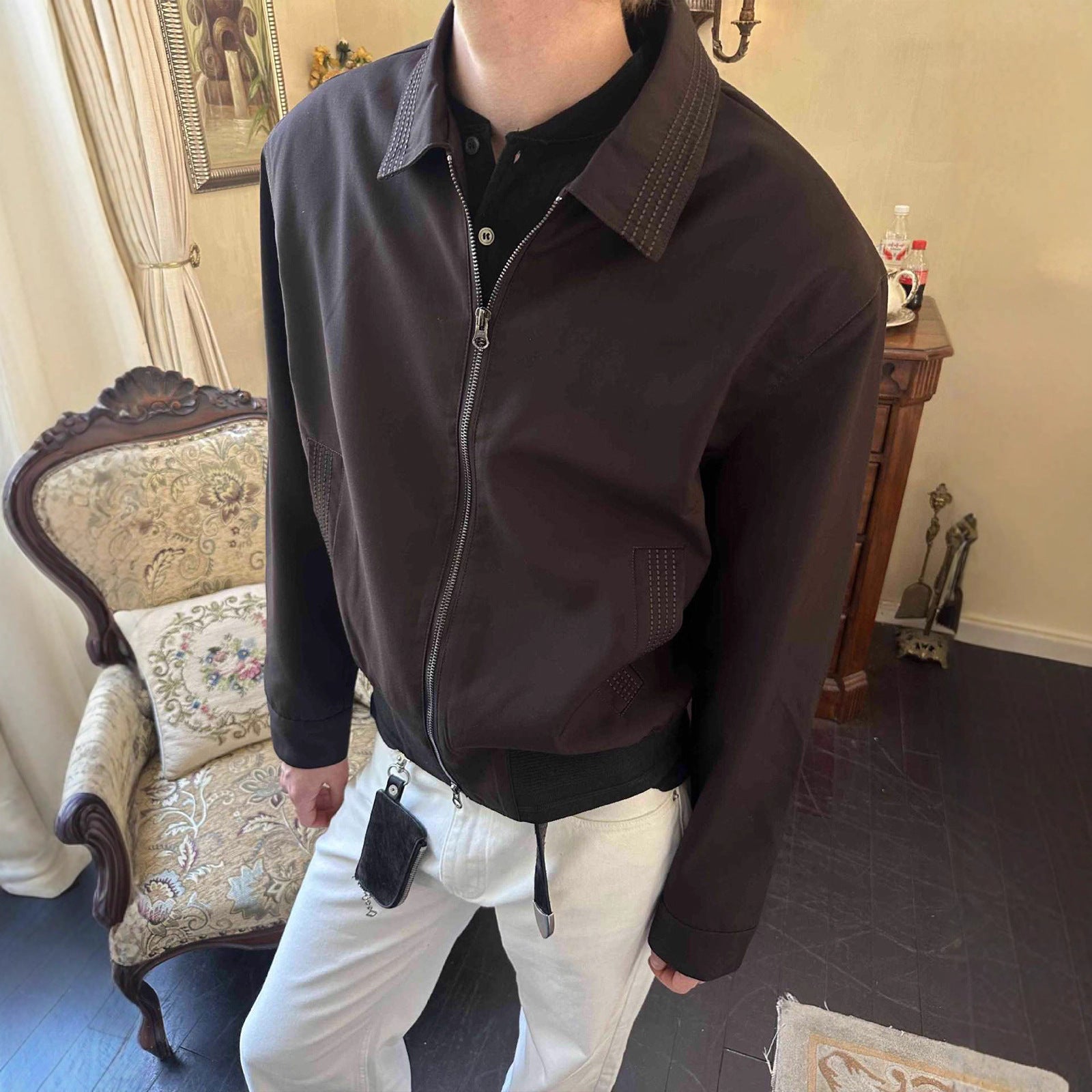 Cleanfit Zipper Casual Jacket with Herringbone Old Money Style Blended Fabric