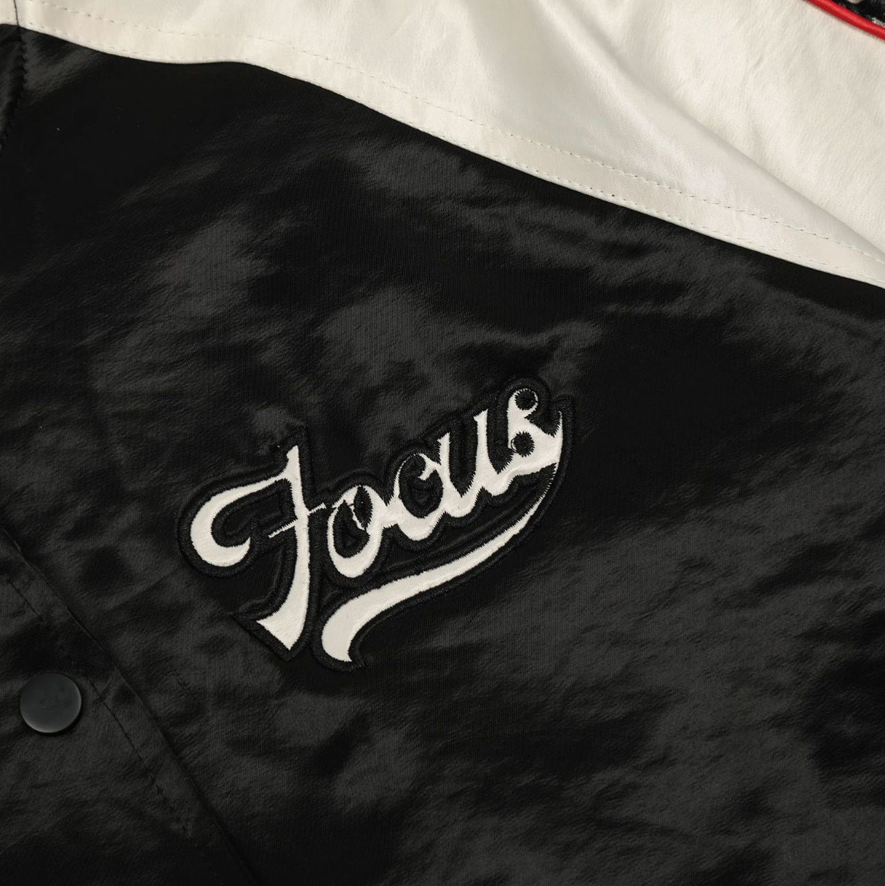 Embroidered satin contrasting patchwork baseball jersey with letters "Limited pieces"