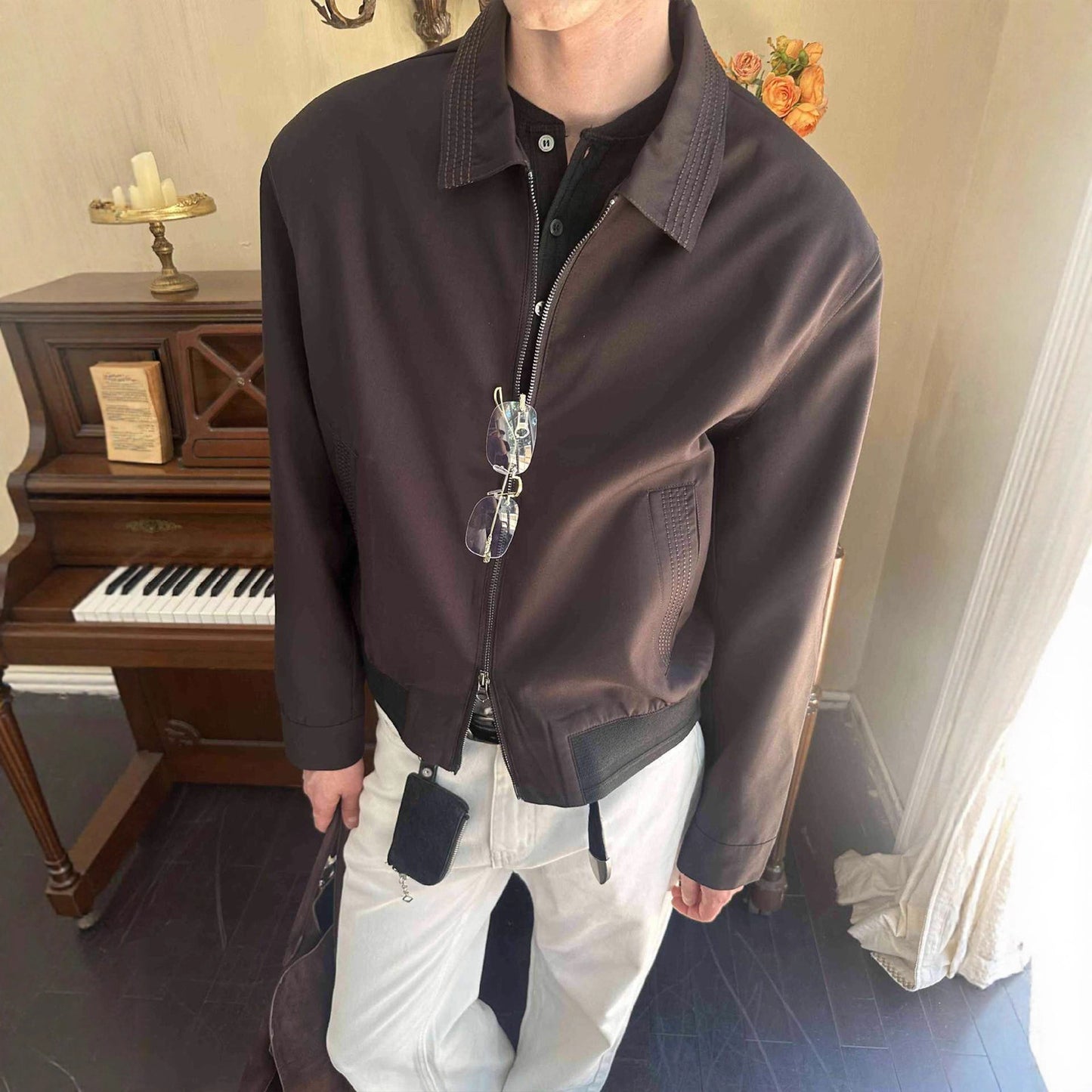 Cleanfit Zipper Casual Jacket with Herringbone Old Money Style Blended Fabric