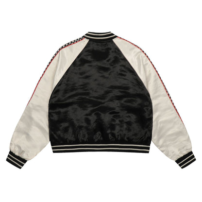 Embroidered satin contrasting patchwork baseball jersey with letters "Limited pieces"