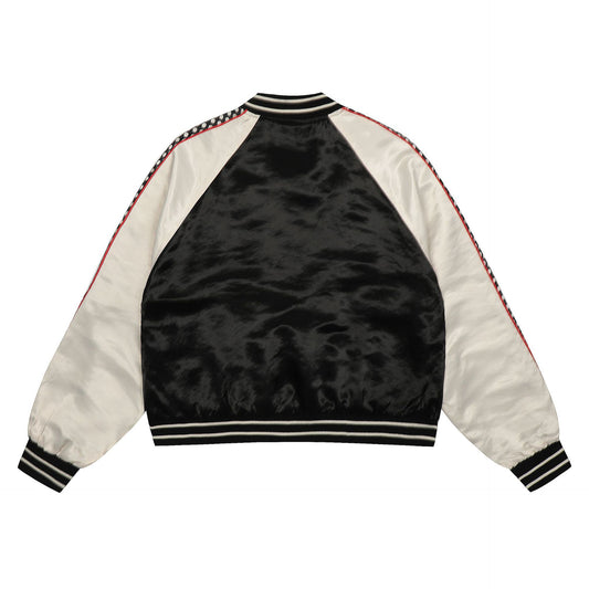 Embroidered satin contrasting patchwork baseball jersey with letters "Limited pieces"