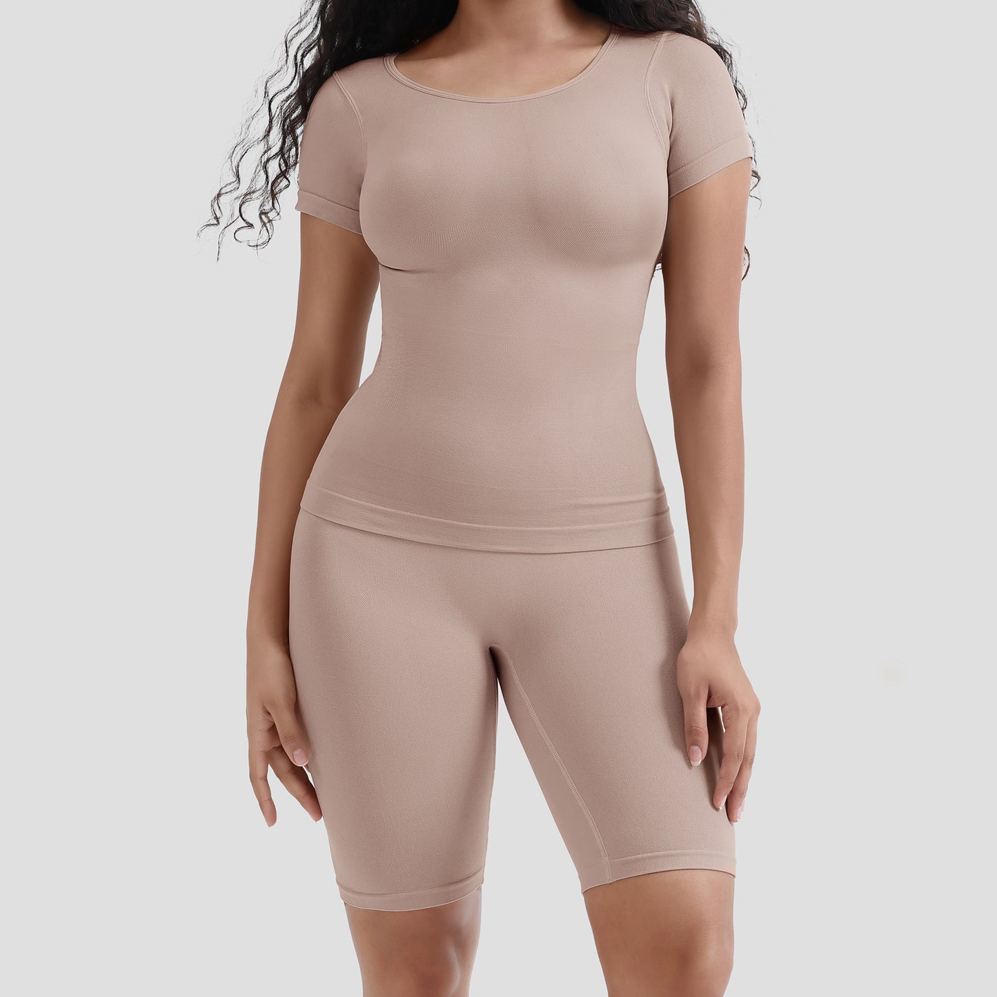 Round Neck Short Sleeve Shapewear and Tummy Control Pants Set