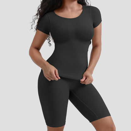 Round Neck Short Sleeve Shapewear and Tummy Control Pants Set