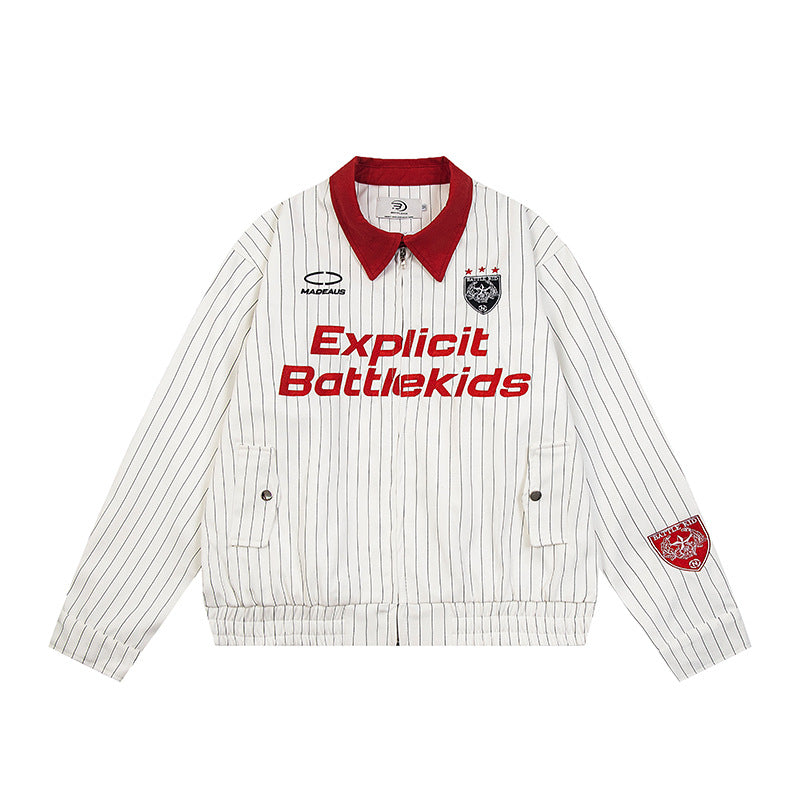Alphabet badge embroidery contrasting striped jersey sweater jacket "LIMITED EDITION"
