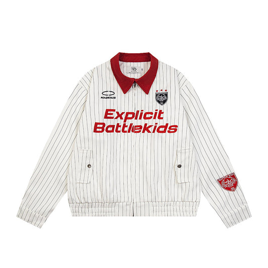 Alphabet badge embroidery contrasting striped jersey sweater jacket "LIMITED EDITION"