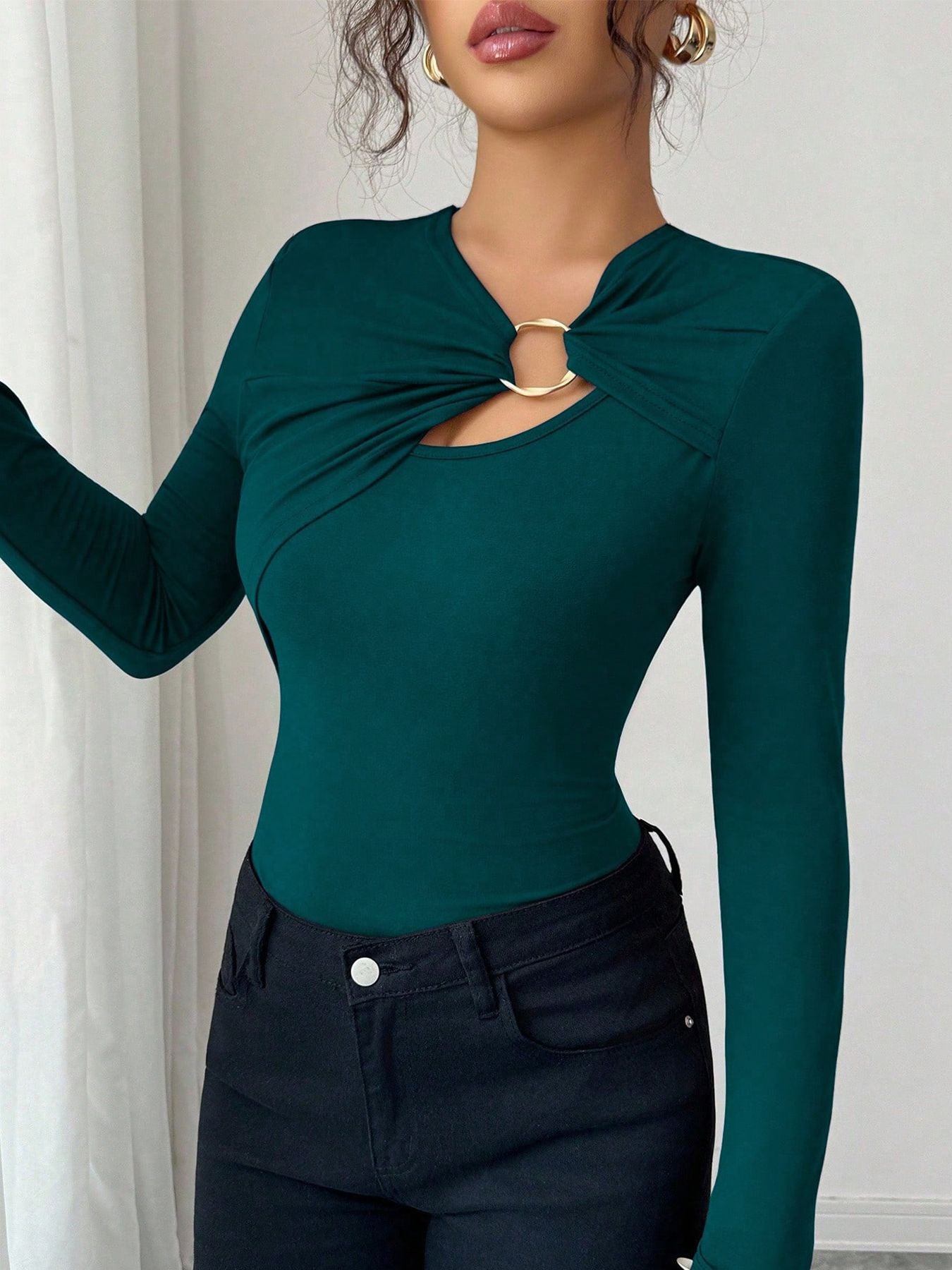 Asymmetric Hollow-out Metal Decorated Slim Fit Women's Autumn Top "Limited Edition"