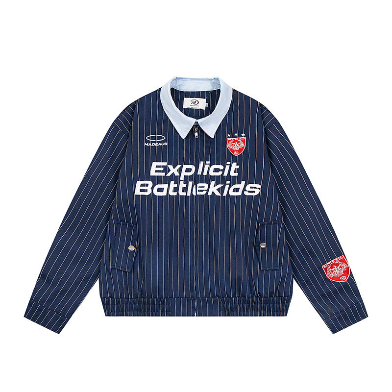 Alphabet badge embroidery contrasting striped jersey sweater jacket "LIMITED EDITION"