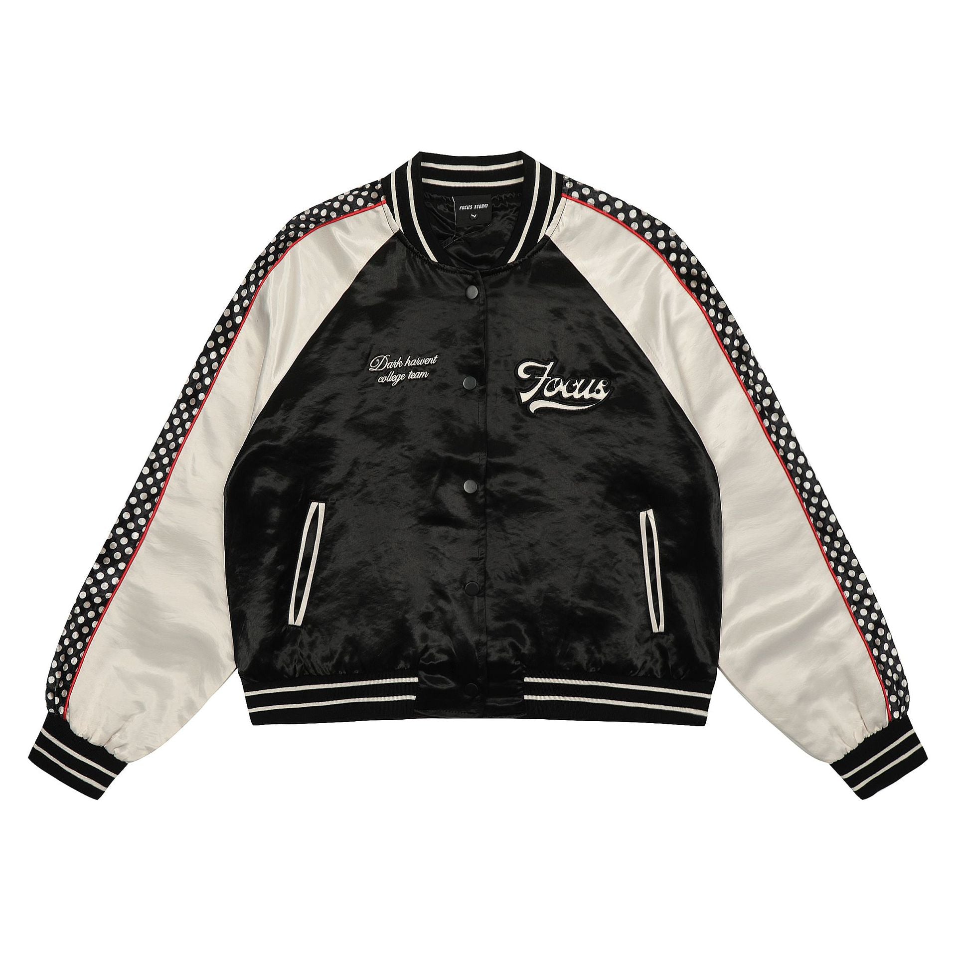 Embroidered satin contrasting patchwork baseball jersey with letters "Limited pieces"