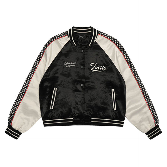 Embroidered satin contrasting patchwork baseball jersey with letters "Limited pieces"